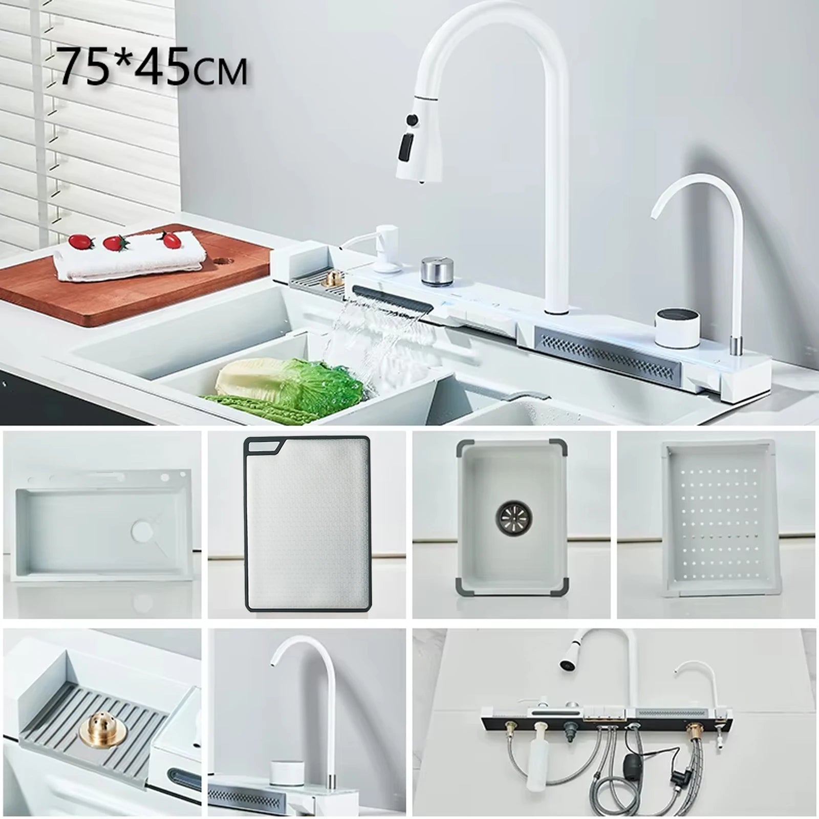 304 Stainless Steel Waterfall Kitchen Sink Large Single Slot Integrated Digital Display Faucet Set Soap Dispenser Cup Washer