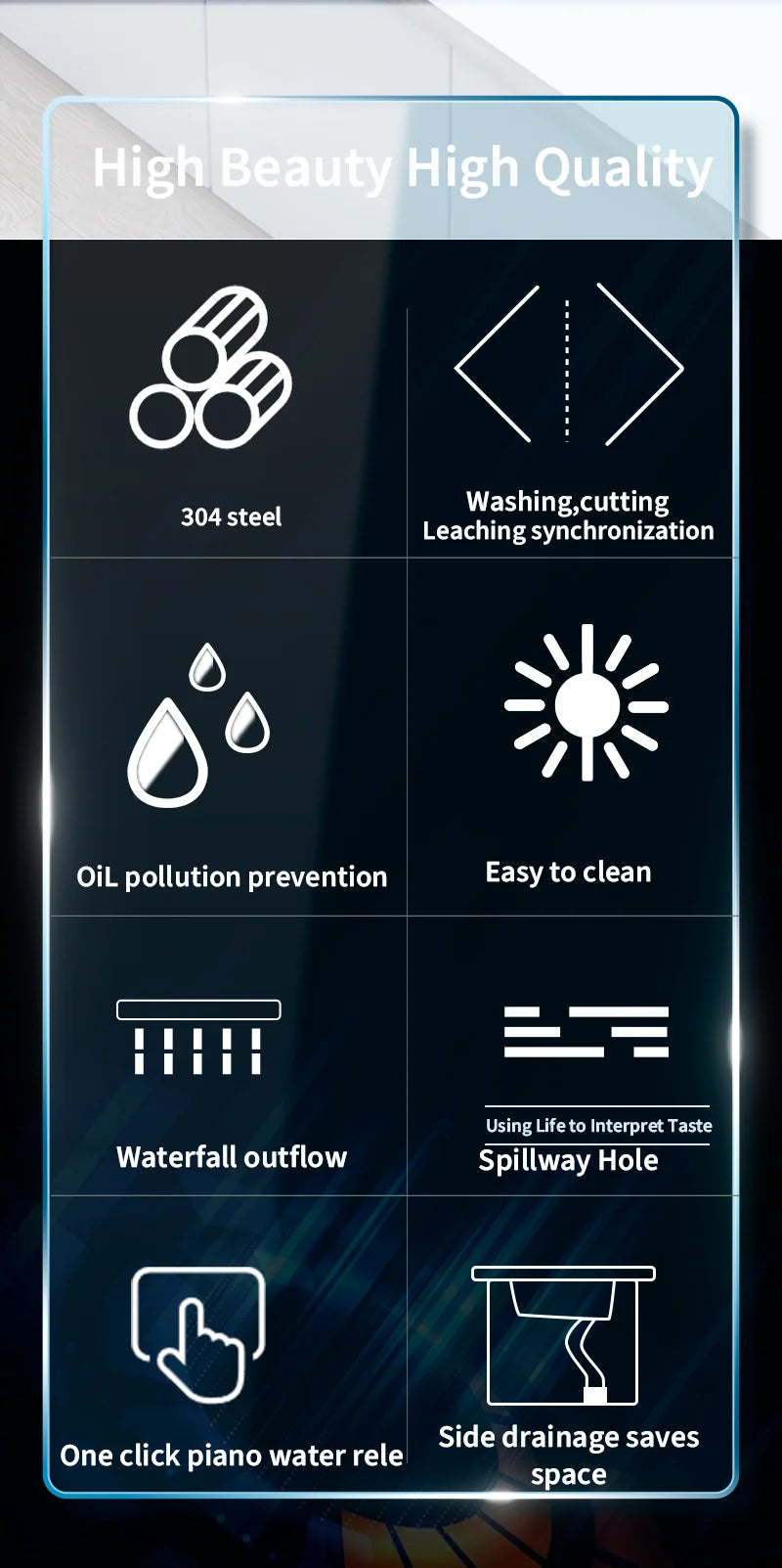 304 Stainless Steel Waterfall Kitchen Sink Large Single Slot Integrated Digital Display Faucet Set Soap Dispenser Cup Washer